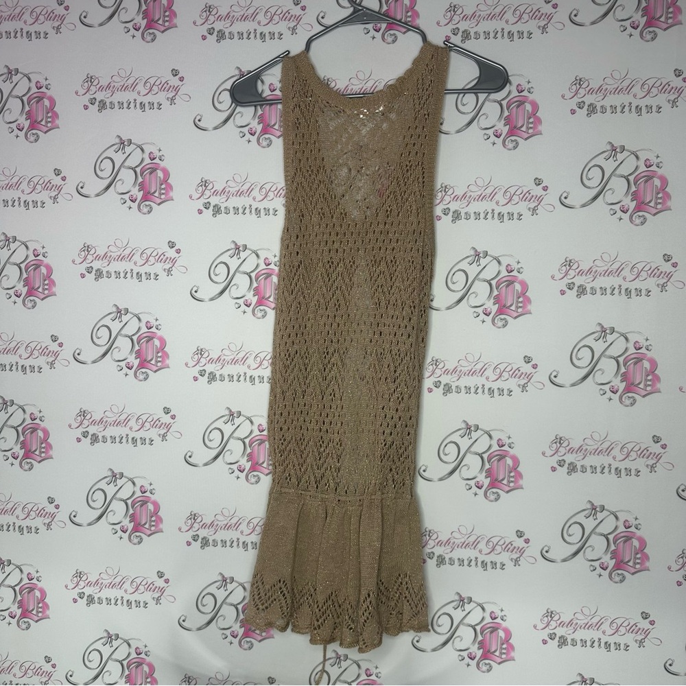 Klein plus dress coverup knit sparkly gold Brown Crochet Sleeveless Dress - Picture 9 of 9